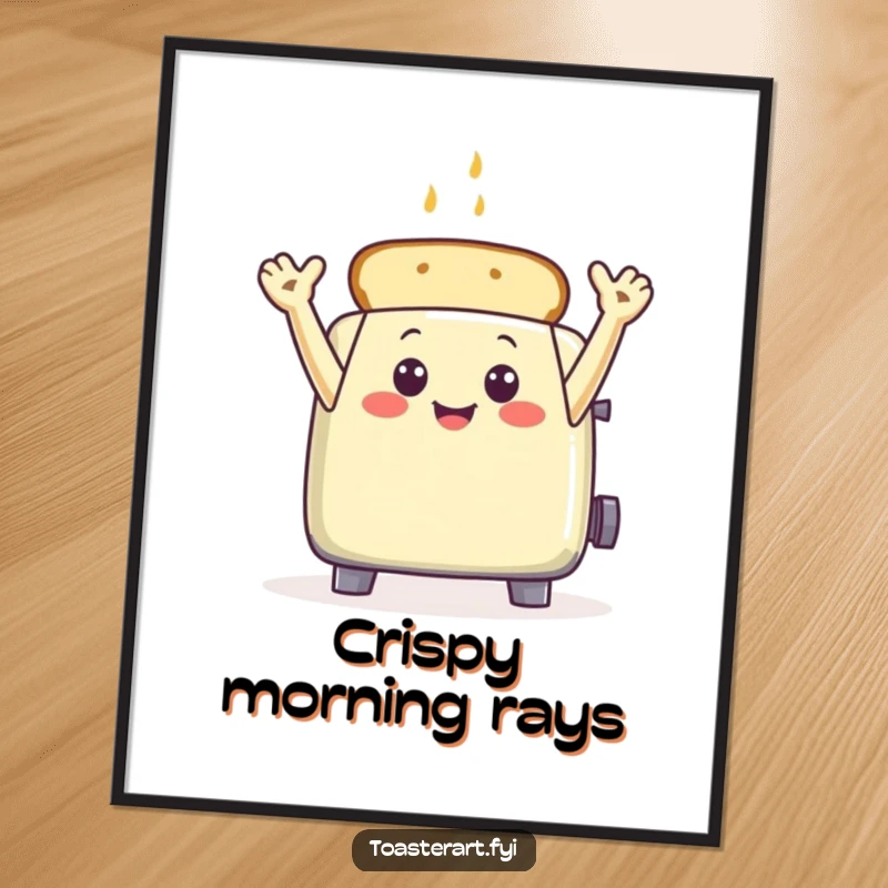 Funny toaster character waving with toast arms, a high-resolution digital art print with cheerful, humorous charm.