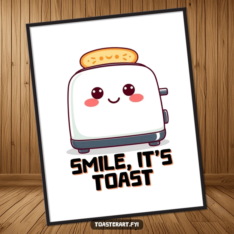 Digital funny cheerful toaster print, toast creating smiley faces, printable humorous art.