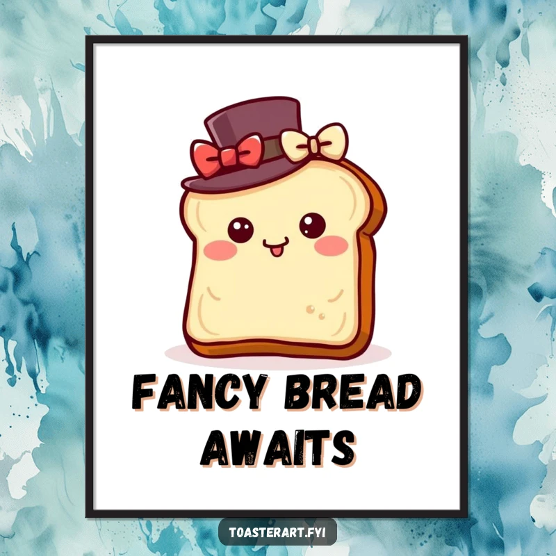 Funny digital art print of a toast slice wearing a top hat, bowing with delight, perfect for adding elegant breakfast charm.