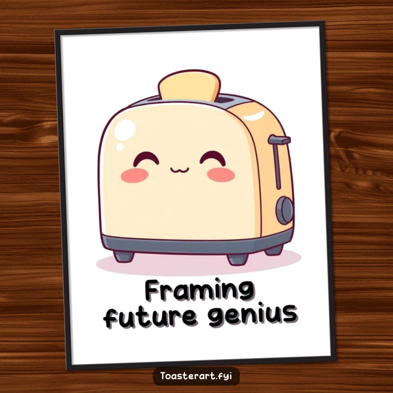 Funny Digital Art Print of a cheerful toaster character gently warming a piece of art, a humorous and artistic piece.