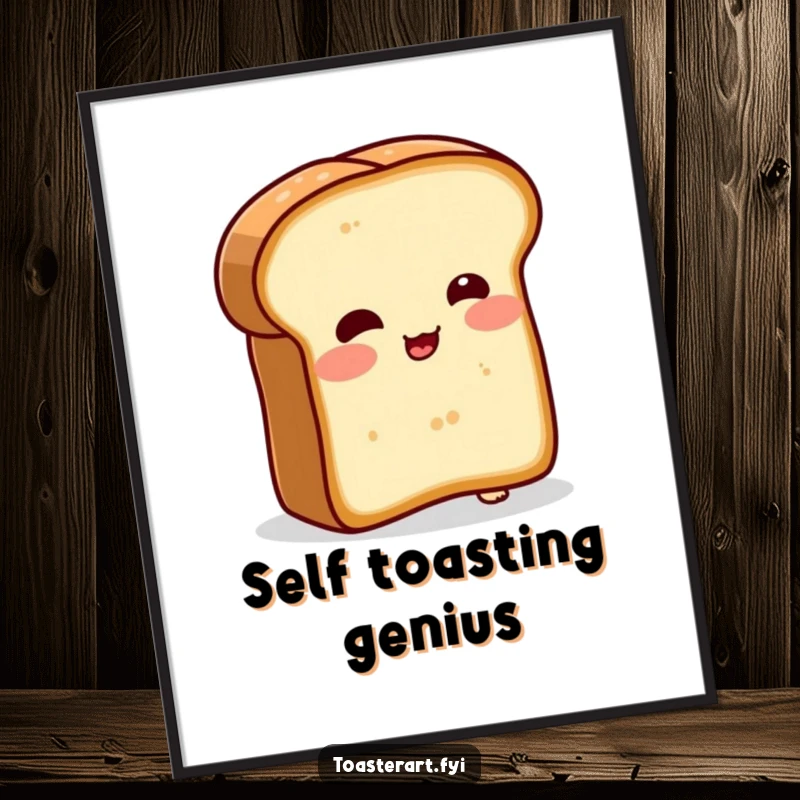 Funny digital art print of a blushing bread slice character comically trying to toast itself. Perfect for humorous kitchen or cafe decor.