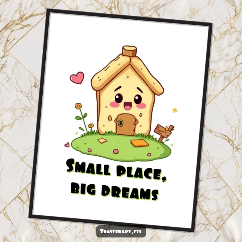 Funny digital art of a bread crumb character comically building a tiny house, ready to bring miniature charm and humor to any space.