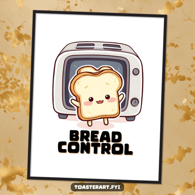 Funny Digital Art Print: Fluffy bread slice character comically pushing toast back into a toaster, humorous artwork.