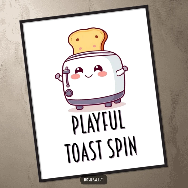 Funny Digital Art Print of a smiling toaster character playfully spinning toast, embodying cheerful energy and fun.