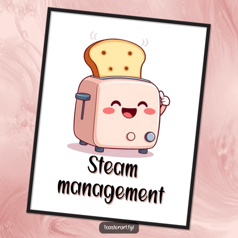 Funny digital art print of a smiling toaster character fanning steam away with a giant slice of bread, whimsical kitchen humor.