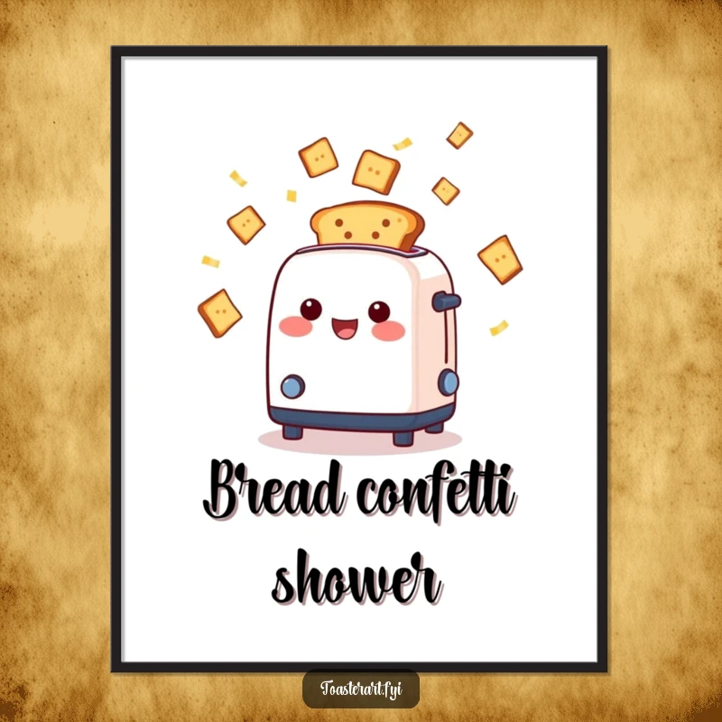 Funny cheerful toaster character ejecting toasted bread slices like confetti, digital art print, capturing the essence of a joyous breakfast party.