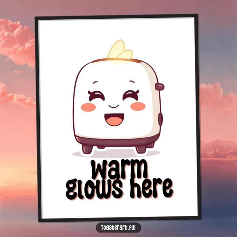 Funny digital art print of a delighted toaster character glowing warmly with a friendly smile, perfect for warm digital displays.