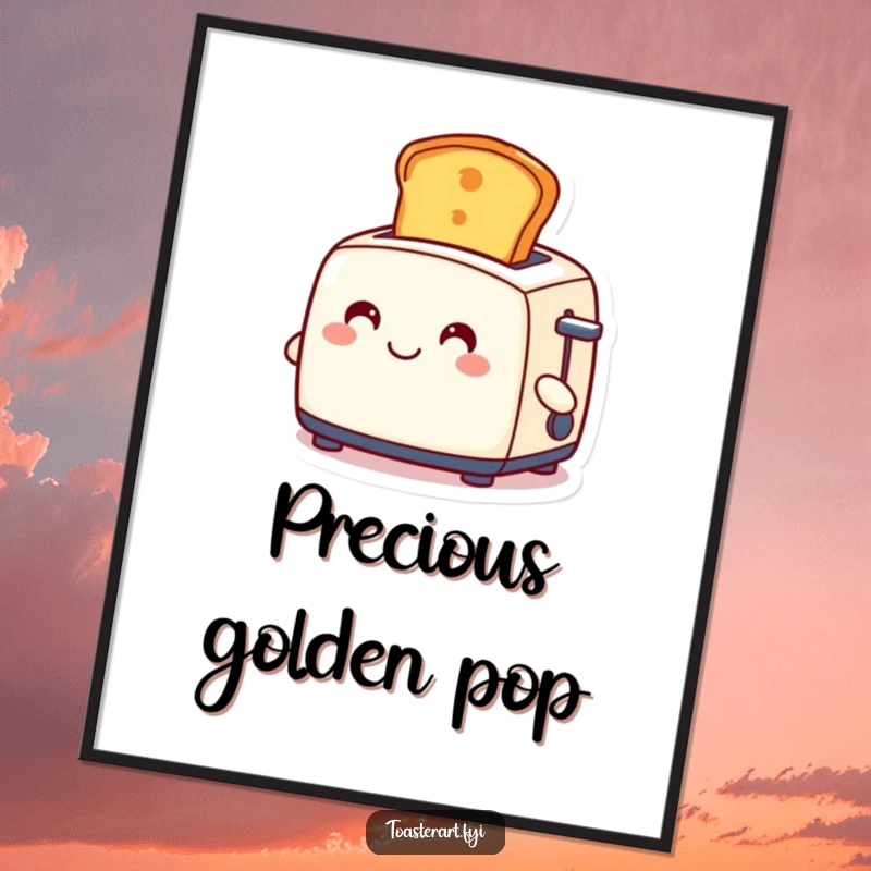 Funny digital art print of a smiling toaster character ejecting a perfectly golden slice of toast, vibrant and humorous breakfast art.