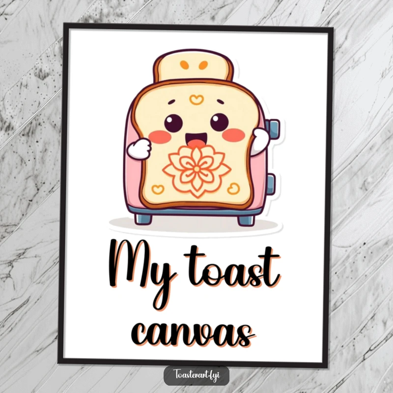 Funny digital art print of a cheerful toaster character playfully creating intricate toast designs, capturing whimsical kitchen humor.