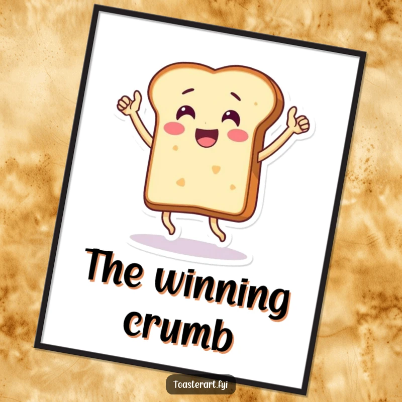 Funny digital art print of a thrilled bread slice character doing a victory dance, instant humorous celebration decor.