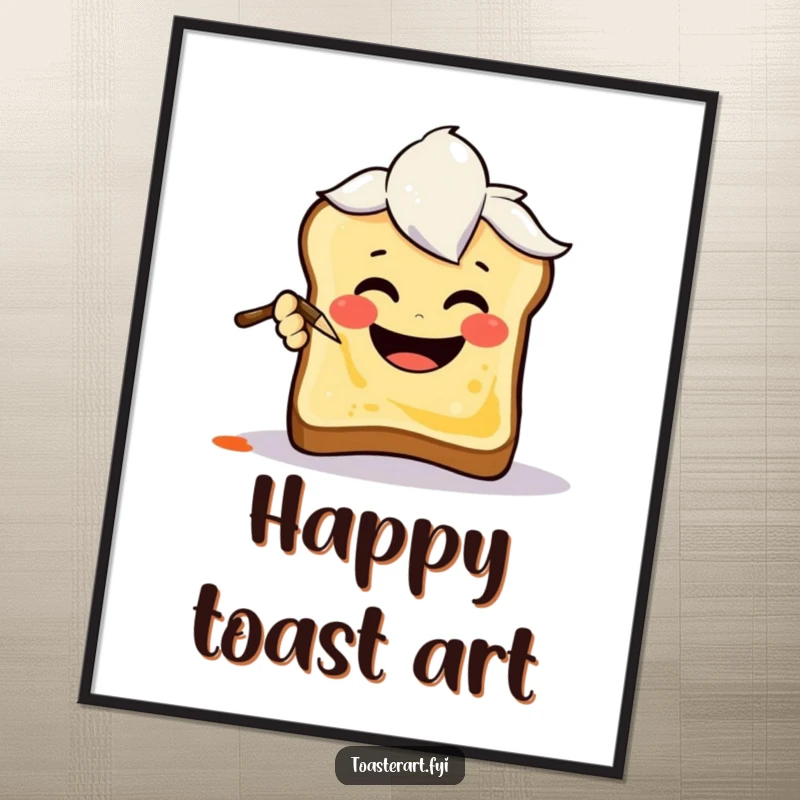Funny Digital Art Print of a joyful art brush character painting a smiley face on toast, perfect for instant, humorous decor.