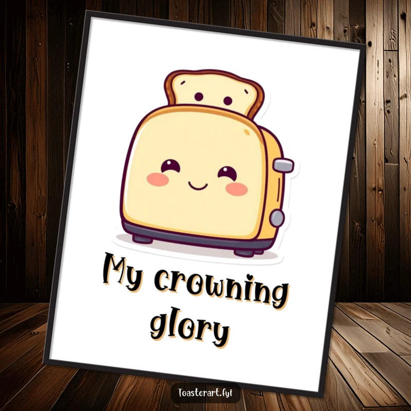 Funny digital art print of a smiling toaster character wearing toast as a hat, ideal for instant, fashionable decor.