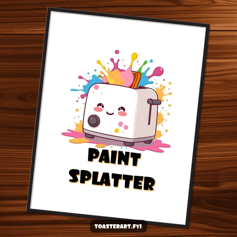 Funny digital art print of a smiling toaster artistically splattering colorful paint, perfect for instant download.