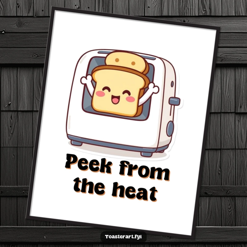 Funny digital art print of a delighted toast character waving from inside a toaster, cheerful and humorous decor.
