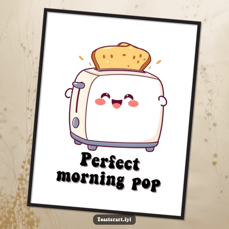 Funny digital art print of a delighted toaster character ejecting golden-brown toast. Perfect for humorous kitchen or dining room decor.