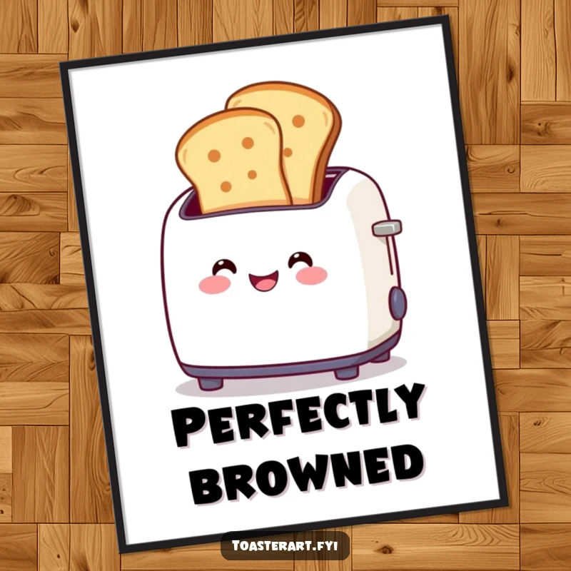 Funny digital art of a smiling toaster character popping out perfect toast slices, ready to bring breakfast cheer to any space.