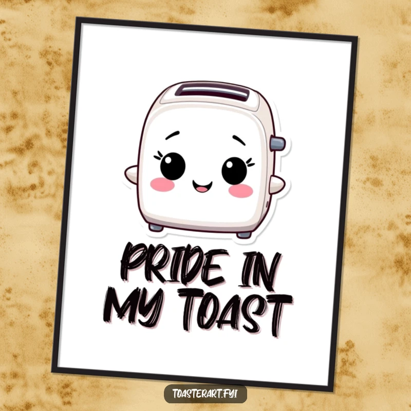 Funny Digital Art Print: A toaster character beams with pride, radiating confidence and celebrating accomplishments.