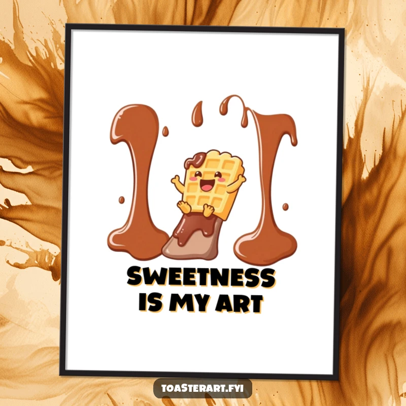 Funny waffle character joyfully sliding down a chocolate syrup slide, an instant digital art print radiating humor and sweetness.