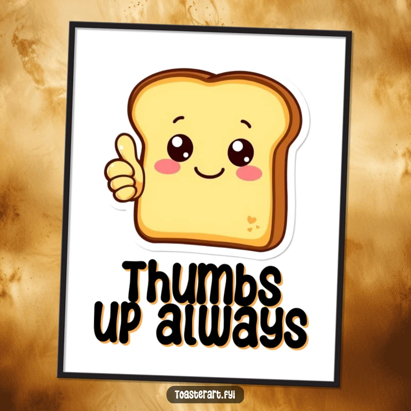 Funny digital art print of a cheerful toast character giving a thumbs up, ideal for instant, positive wall decor.