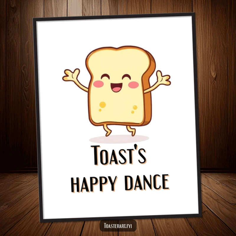 Funny grinning slice of toast dancing energetically with buttery arms, digital art print, capturing the essence of pure, unadulterated fun.
