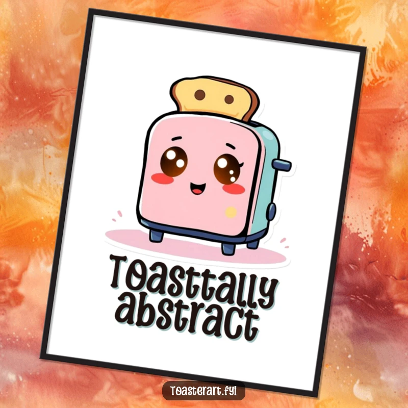 Funny Digital Art Print: Toaster with glowing eyes comically creates abstract toast art, a surreal and humorous artwork.