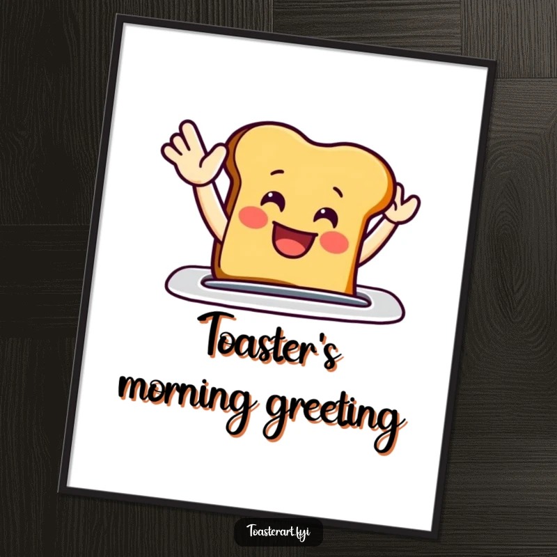 Funny digital art print of a grinning toast slice enthusiastically waving from a toaster slot, perfect for adding cheerful breakfast vibes.