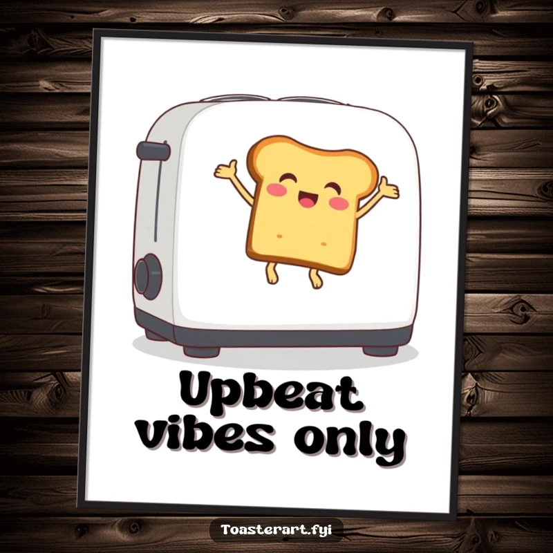 Funny digital art print of a delighted bread slice character triumphantly bouncing on a toaster lever, ideal for instant cheerful decor.