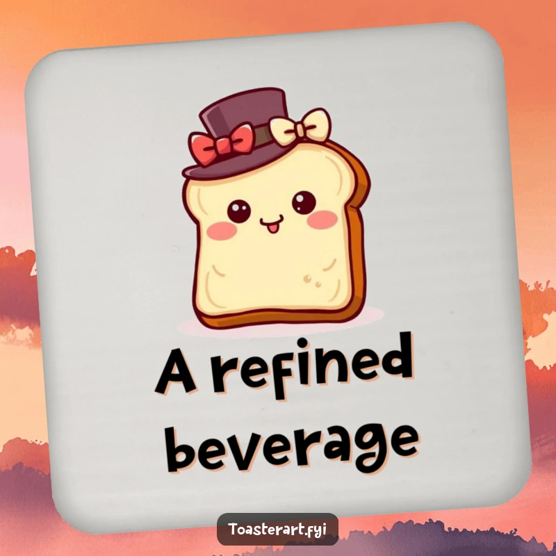 Funny drink coaster with a toast slice wearing a top hat, bowing with delight, adding sophisticated humor to drink service.
