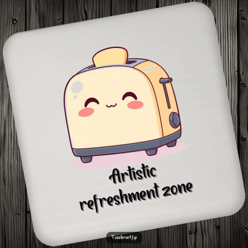 Funny Drink Coaster with a cheerful toaster character warming a piece of art, adding artistic humor to tabletops.