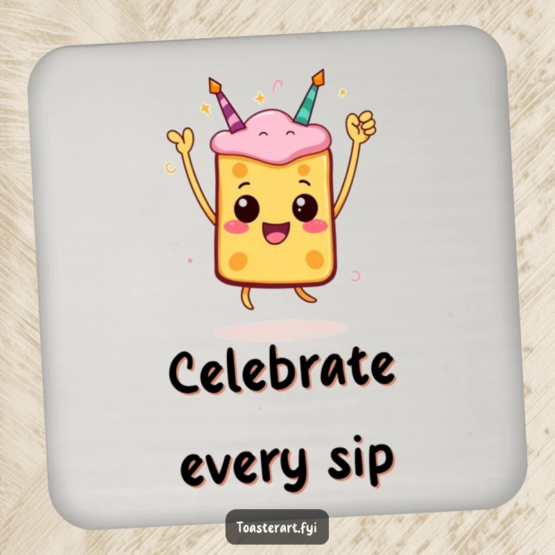 Funny toast coaster featuring a jumping character in a celebratory pose, offering protection and a festive, humorous aesthetic.