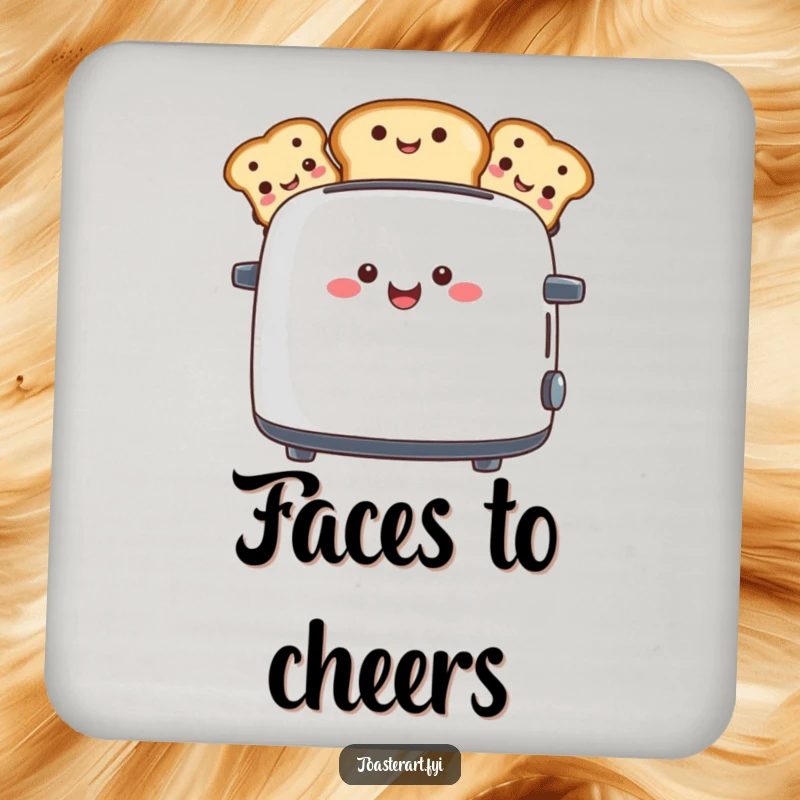 Funny drink coaster featuring a toaster character popping up toast slices with funny faces, a cute and humorous table accessory.