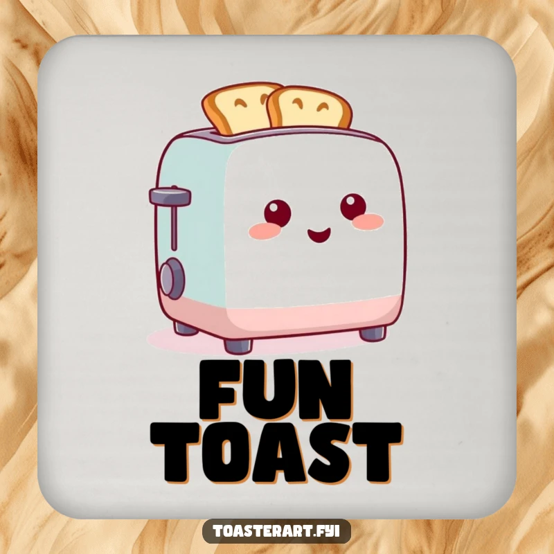 Funny coaster art of a happy toaster with toast sculpted into funny shapes, adding charm to your table.