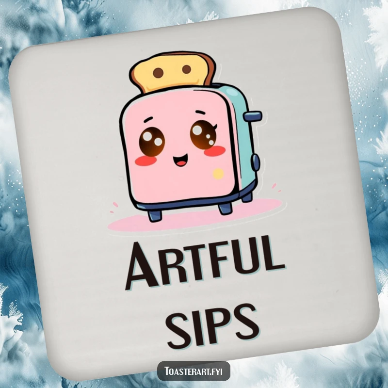 Funny Drink Coaster: Toaster with glowing eyes comically makes abstract toast art, a humorous and artistic coaster.