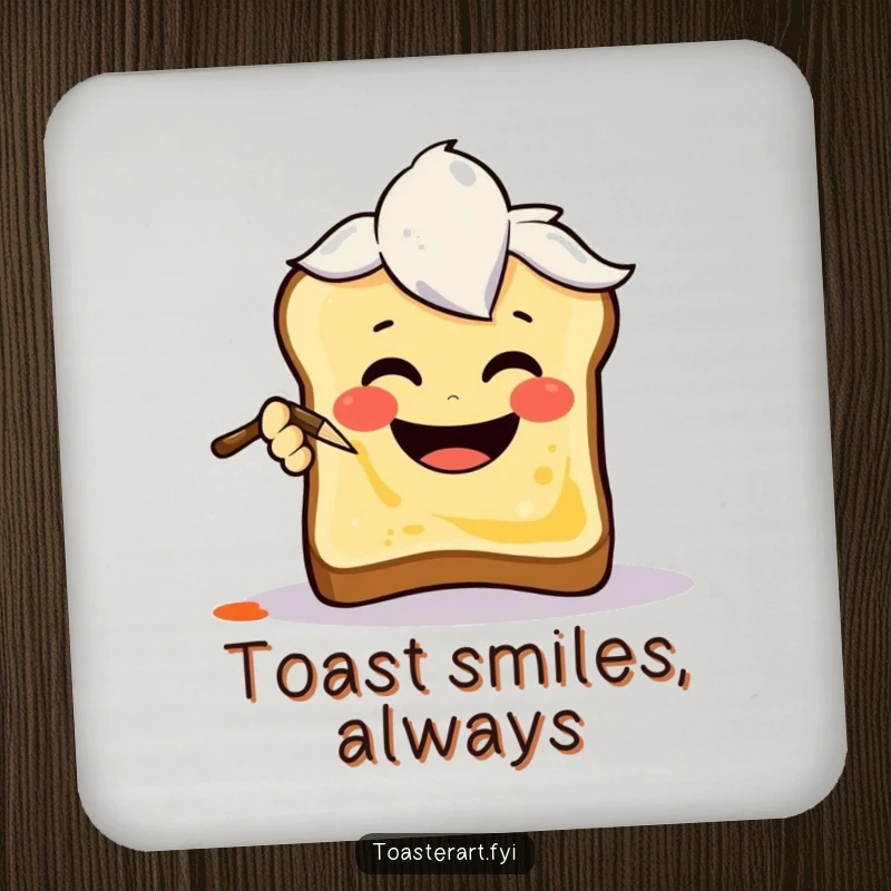 Funny Coaster with a joyful art brush character painting a smiley face on toast, adding humorous protection to tables.