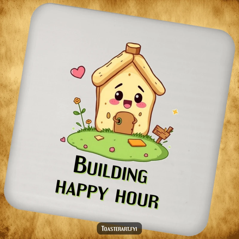 Funny drink coaster showing a bread crumb character comically building a tiny house, protecting furniture with charm and miniature effort.
