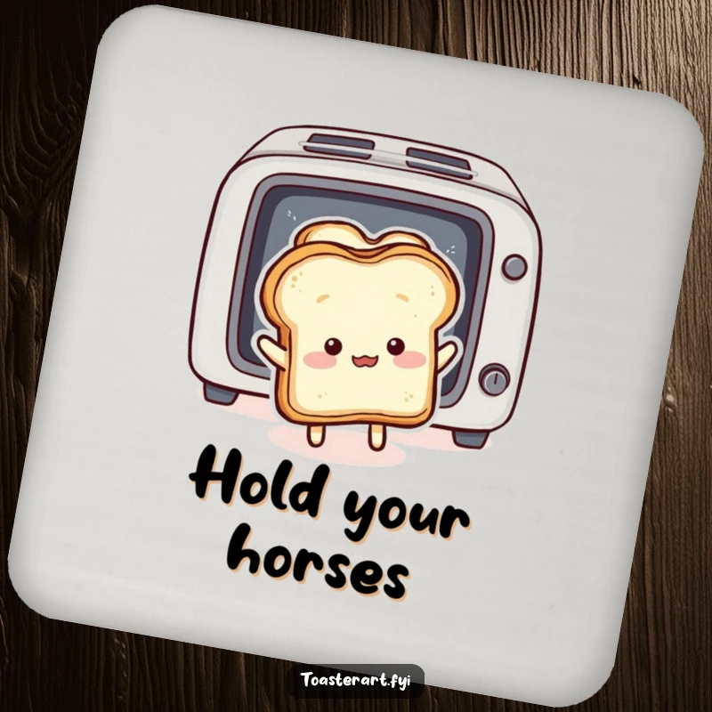 Funny Drink Coaster: Fluffy bread slice character comically pushing toast back into a toaster, a humorous coaster.