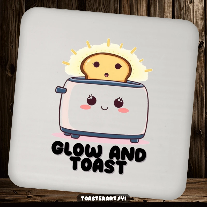 Funny coaster art of a happy toaster with toast emitting a soft glowing aura, adding charm to your table.