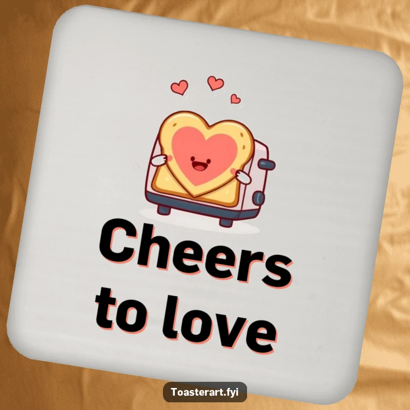 Funny coaster featuring a toaster character making heart-shaped toast art, a romantic and protective tabletop accent.