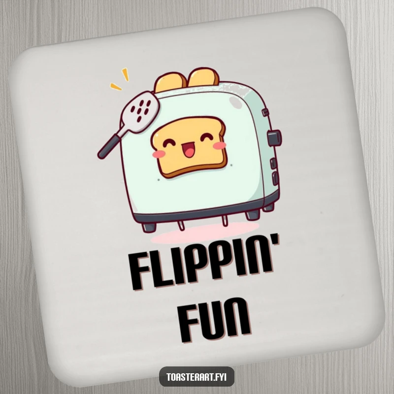 Funny coaster featuring a toaster character comically trying to catch flying toast with a spatula, a humorous and protective tabletop accent.