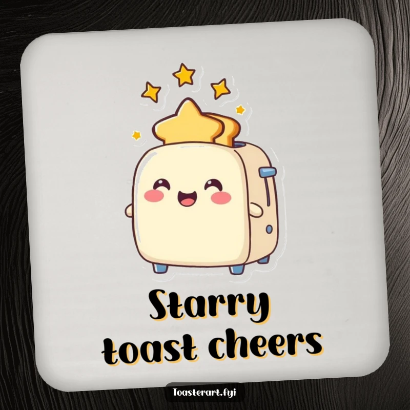 Funny Coaster depicting a joyful toaster character popping out star-shaped toast, protecting surfaces with celestial charm.