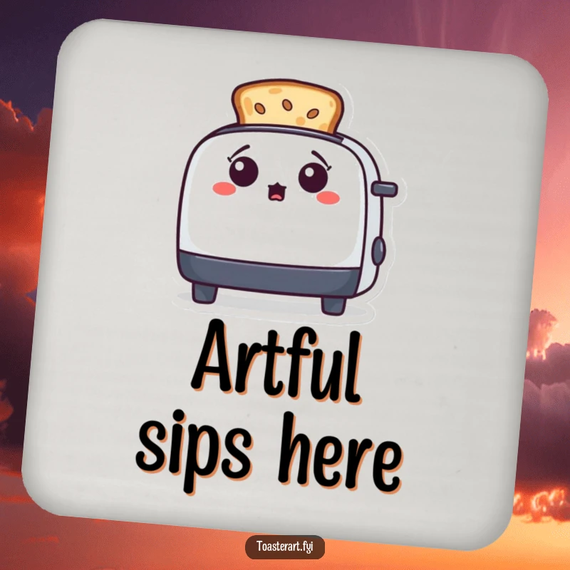 Funny toaster character surprised by toast art on drink coasters, adding artistic and humorous protection to tabletops.