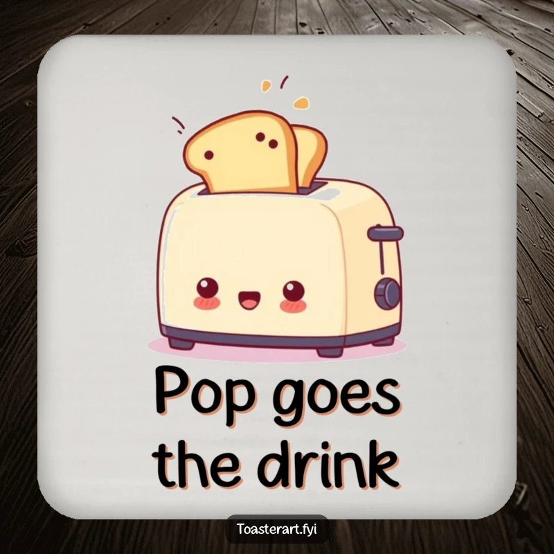 Funny surprised toaster drink coaster with toast flying out unexpectedly, a humorous accessory for tables.