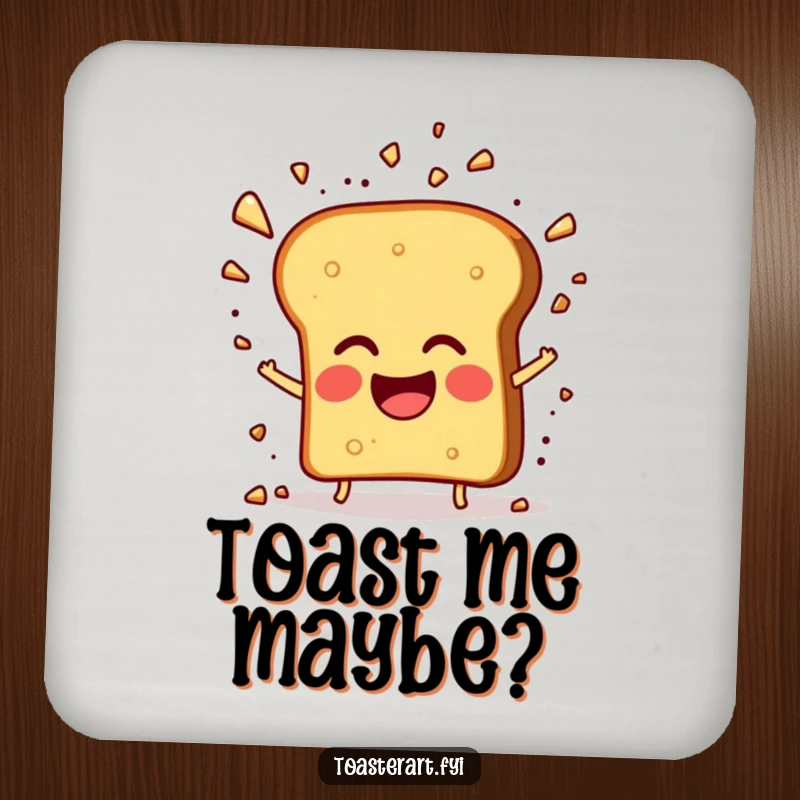 Funny coaster with a giggling toast character and exploding crumbs, protecting surfaces with a humorous design.