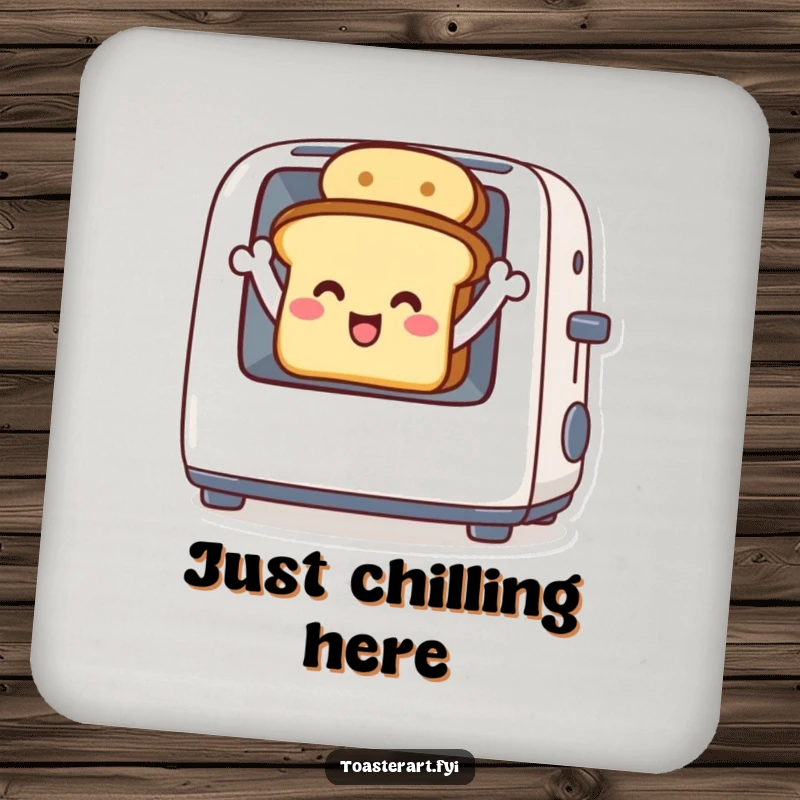 Funny coaster set featuring a delighted toast character waving from inside a toaster, humorous table protection.