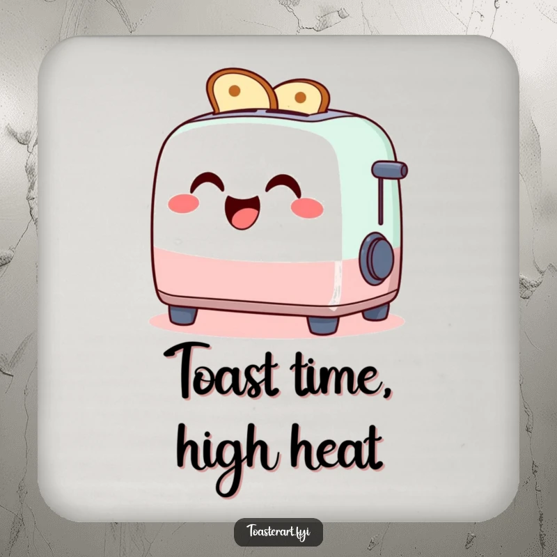 Funny coaster set with giggling toaster characters making toast art, humorous table protection.