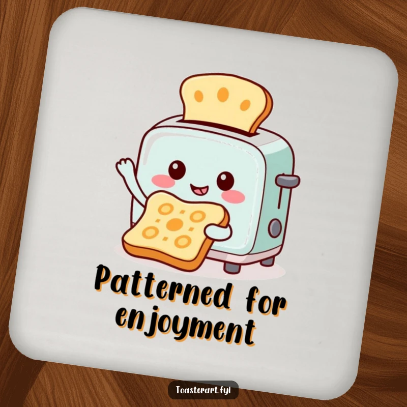 Funny drink coaster with a cheerful toaster character creating art by toasting patterns onto bread, adding artistic flair to drink service.