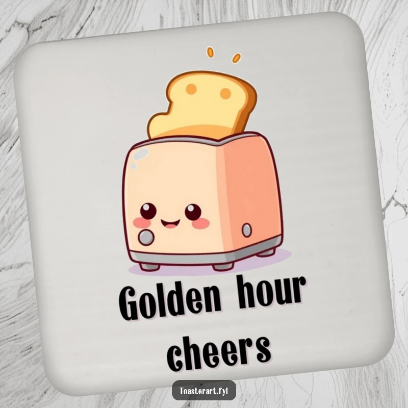Funny smiling toaster character with golden toast, drink coaster, adding a cheerful and breakfast-themed element to any surface.