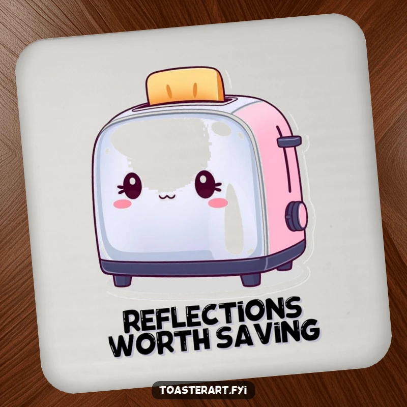 Funny Drink Coaster featuring a toaster character admiring its own polished reflection, adding humor to tabletops.