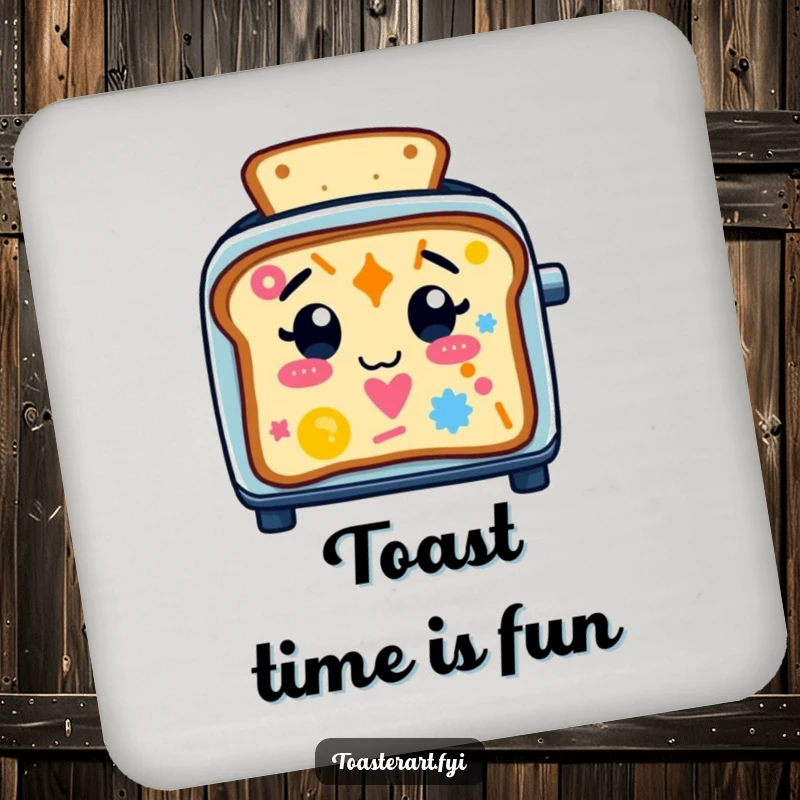 Funny Coaster featuring a cute toaster character creating colorful toast art, adding humorous protection to tables during drinks.