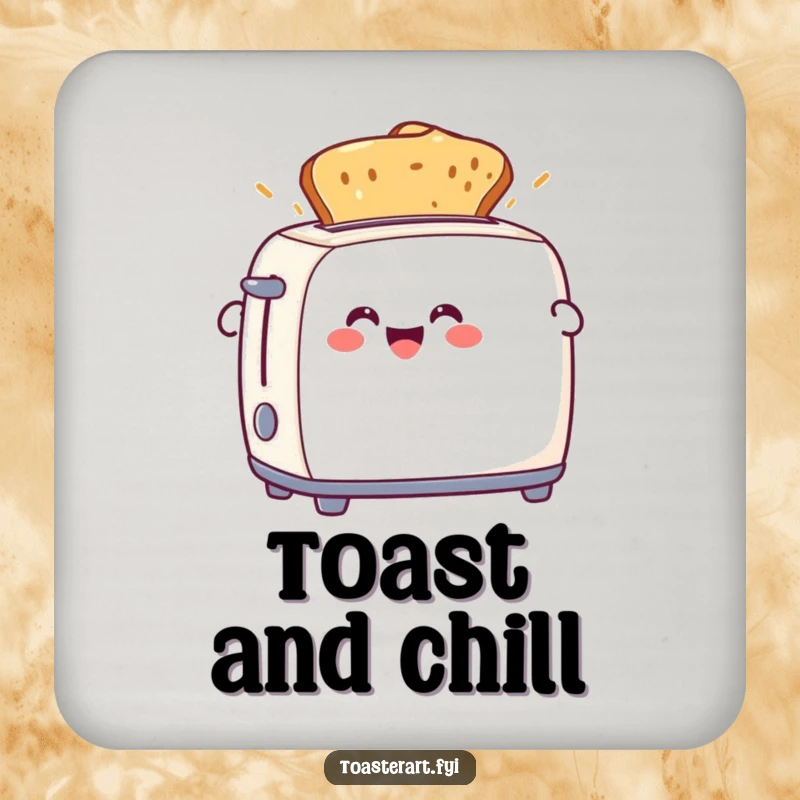 Funny drink coaster featuring a happy toaster character ejecting perfect toast. Protects surfaces with a humorous touch.